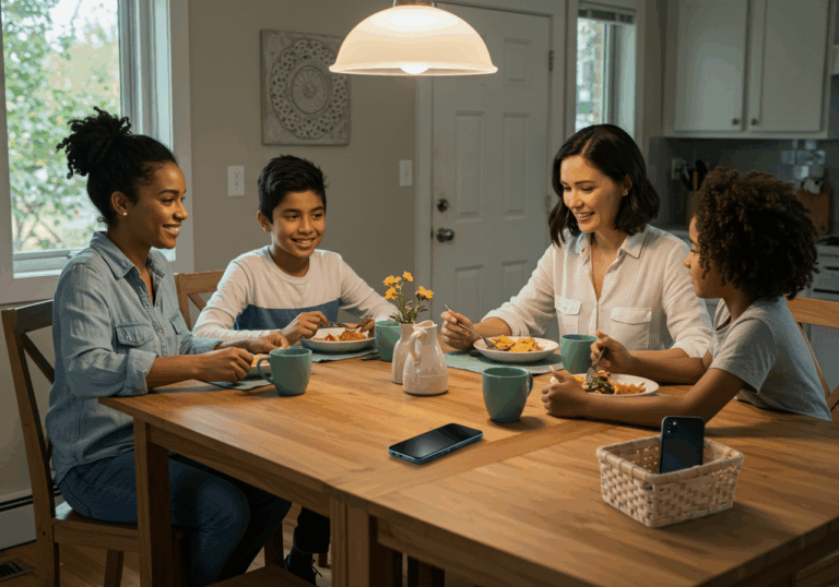 A family enjoying dinner at a table, emphasizing the importance of screen time balance in modern family life.