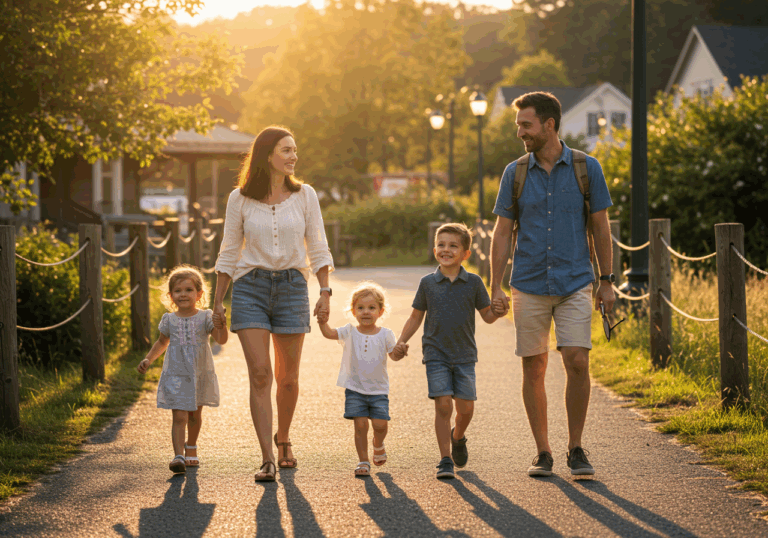 A family strolls down a path at sunset, embodying the essence of stress-free vacations and togetherness.