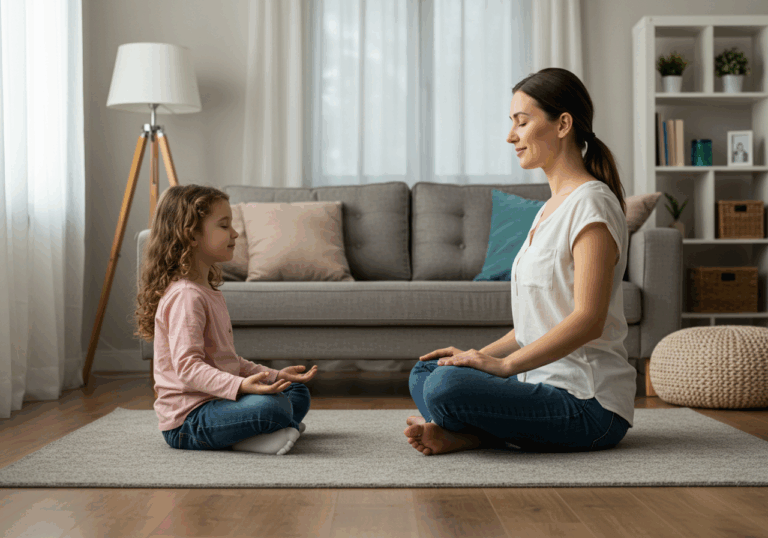 A woman and a young girl practice yoga together on the floor, embodying mindful motherhood and emotional intelligence in parenting.