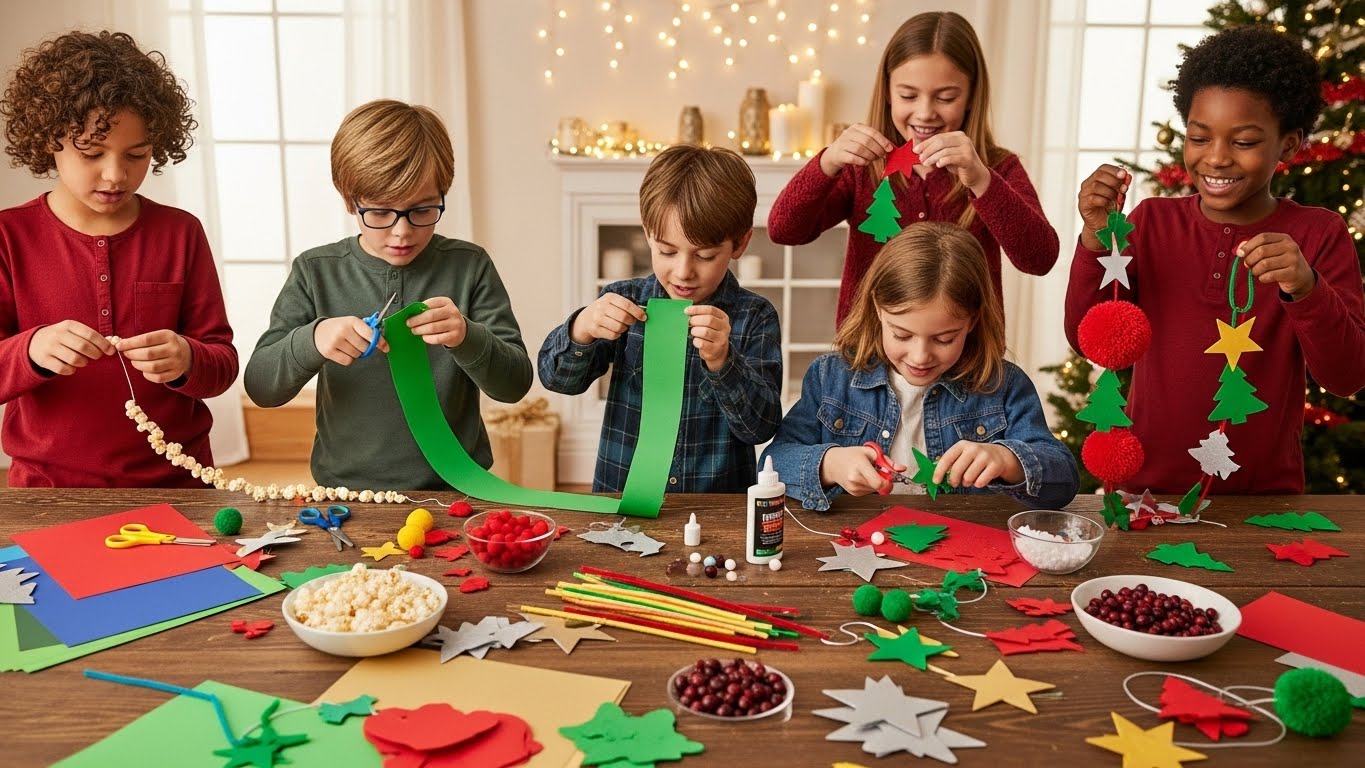 Children making Christmas garland crafts