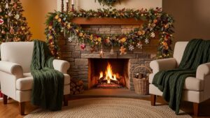 Festive handmade Christmas garland decorating a cozy living room fireplace