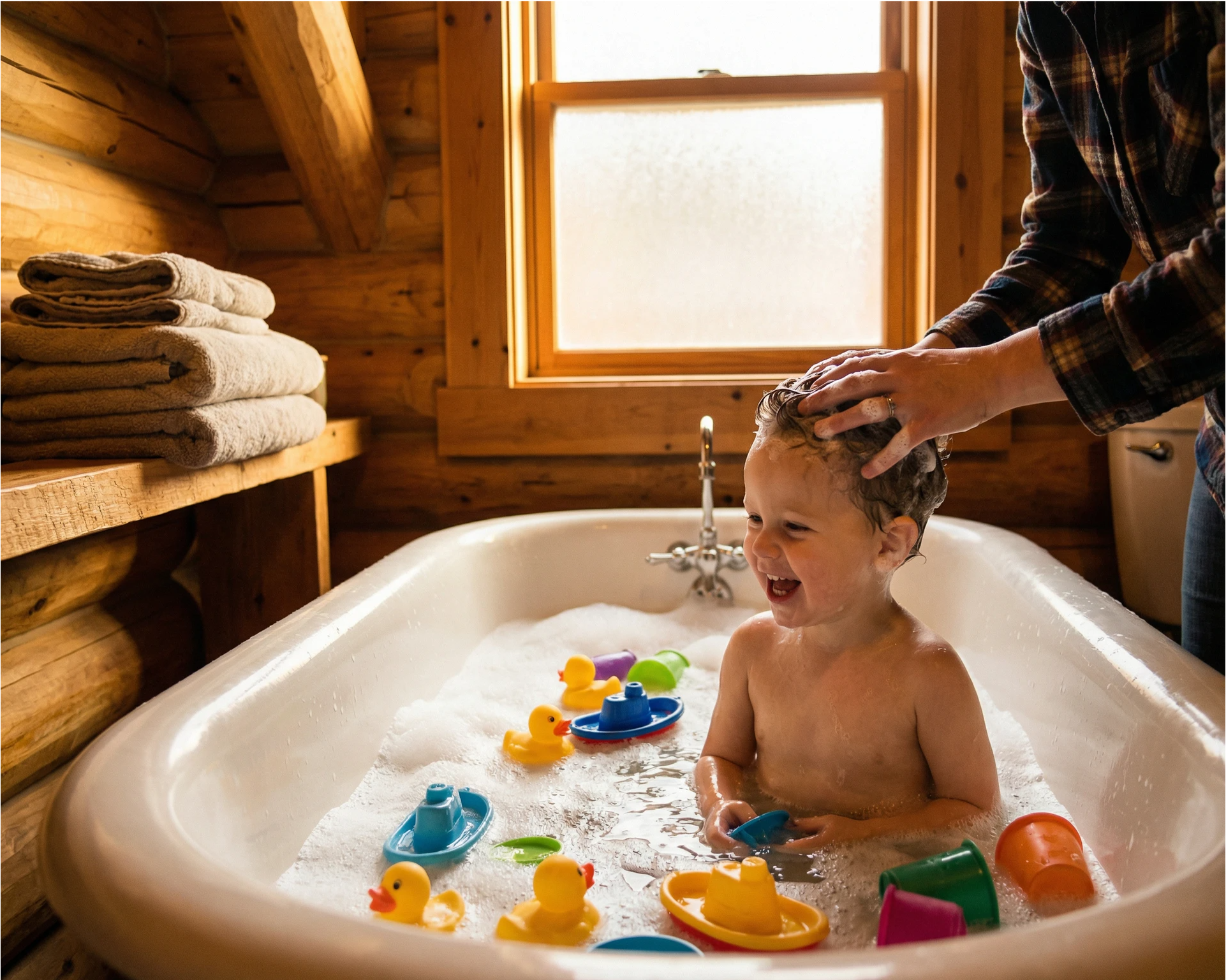 child enjoying bubble bath as part of bedtime routine in High Country home