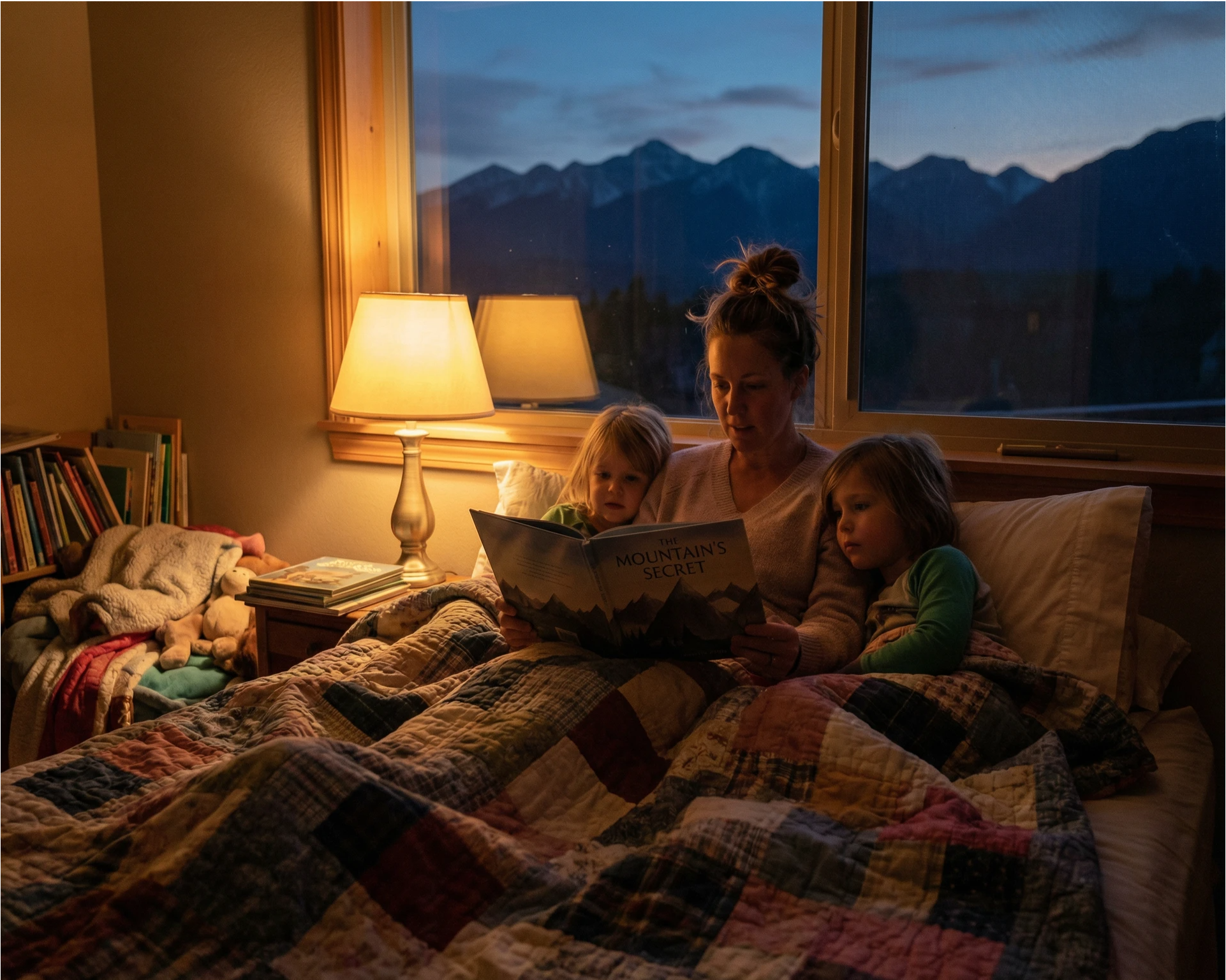 family reading bedtime story together under cozy quilt with mountain view