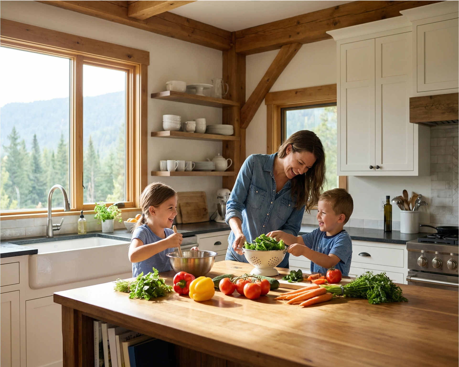 mother and kids cooking fresh vegetables together in High Country kitchen