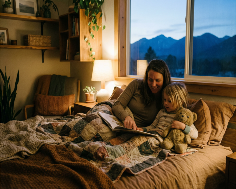 parent reading bedtime story to child in cozy High Country mountain bedroom