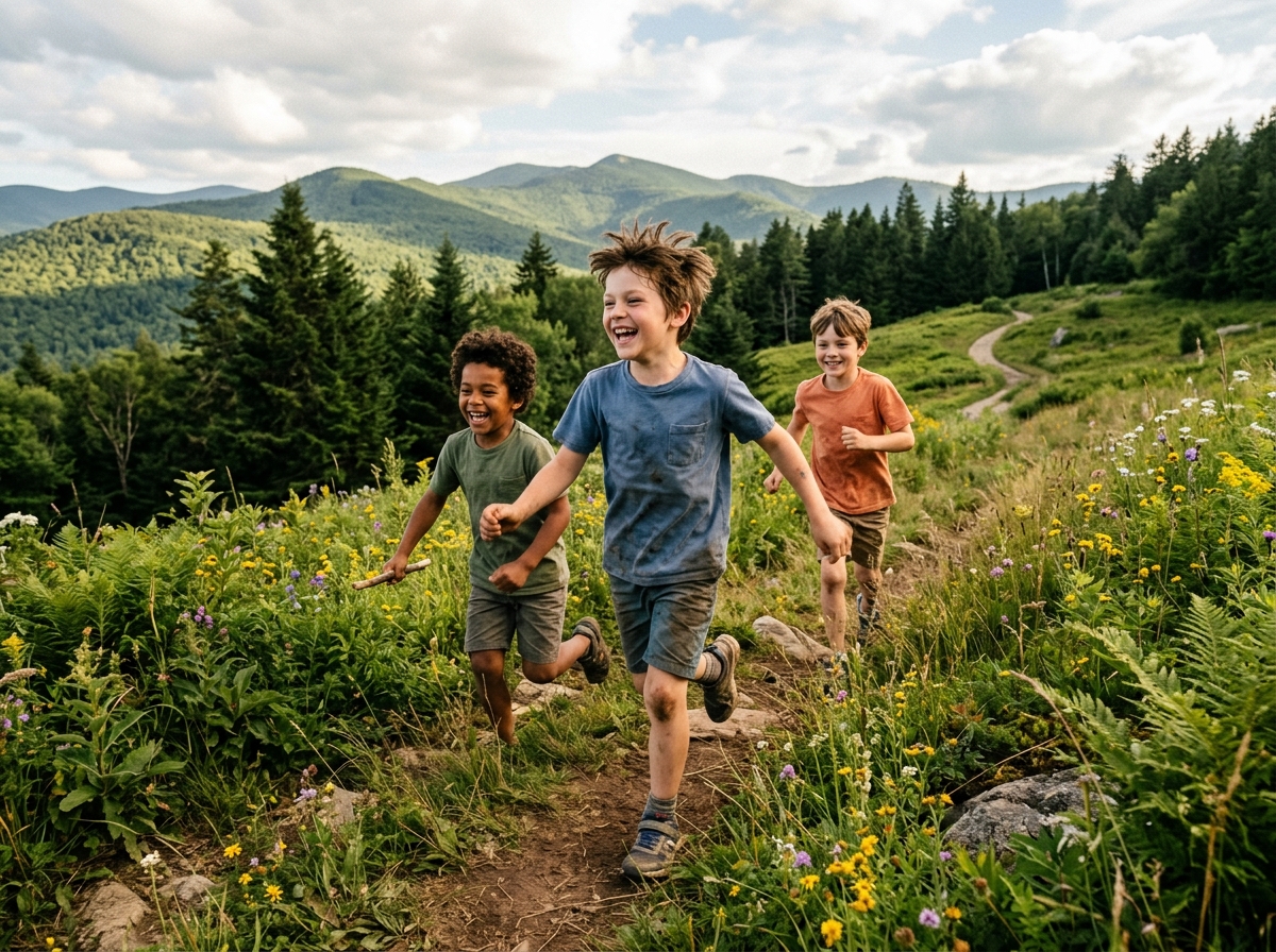 Boys playing freely outdoors building social emotional skills
