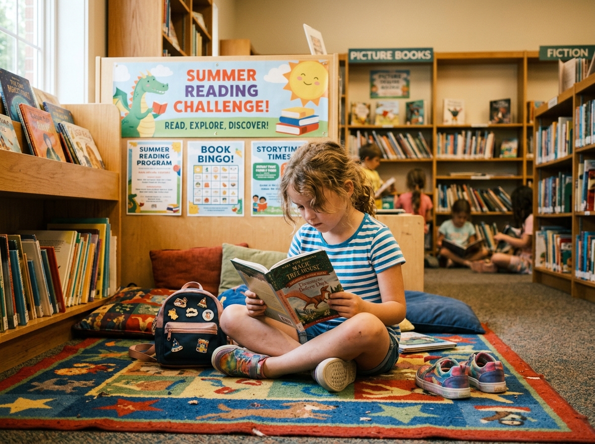 Child reading at local library during summer reading program
