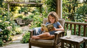 Child reading book outside during summer to prevent learning loss