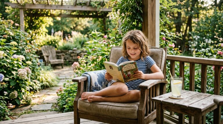 Child reading book outside during summer to prevent learning loss