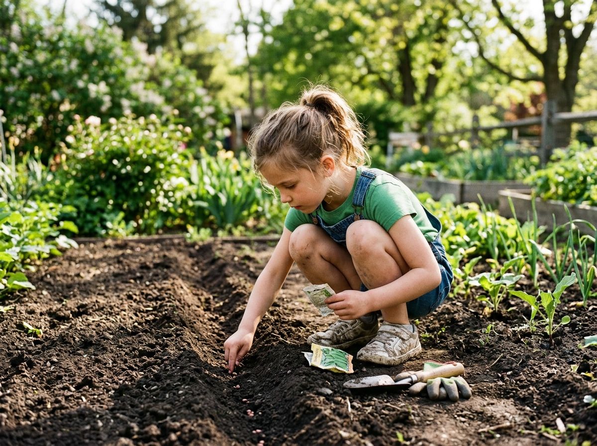 Elementary child planting seeds independently in garden row