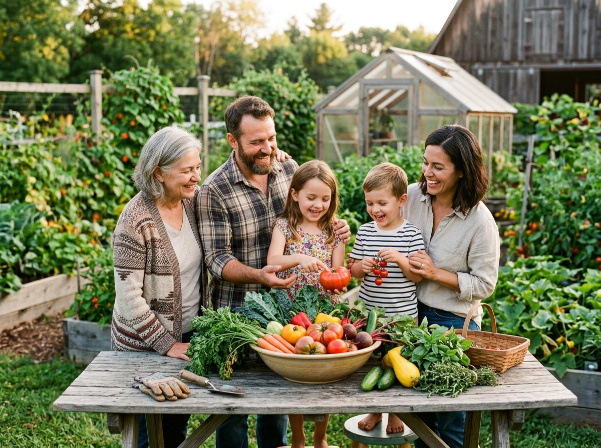 Family harvesting vegetables from their backyard garden