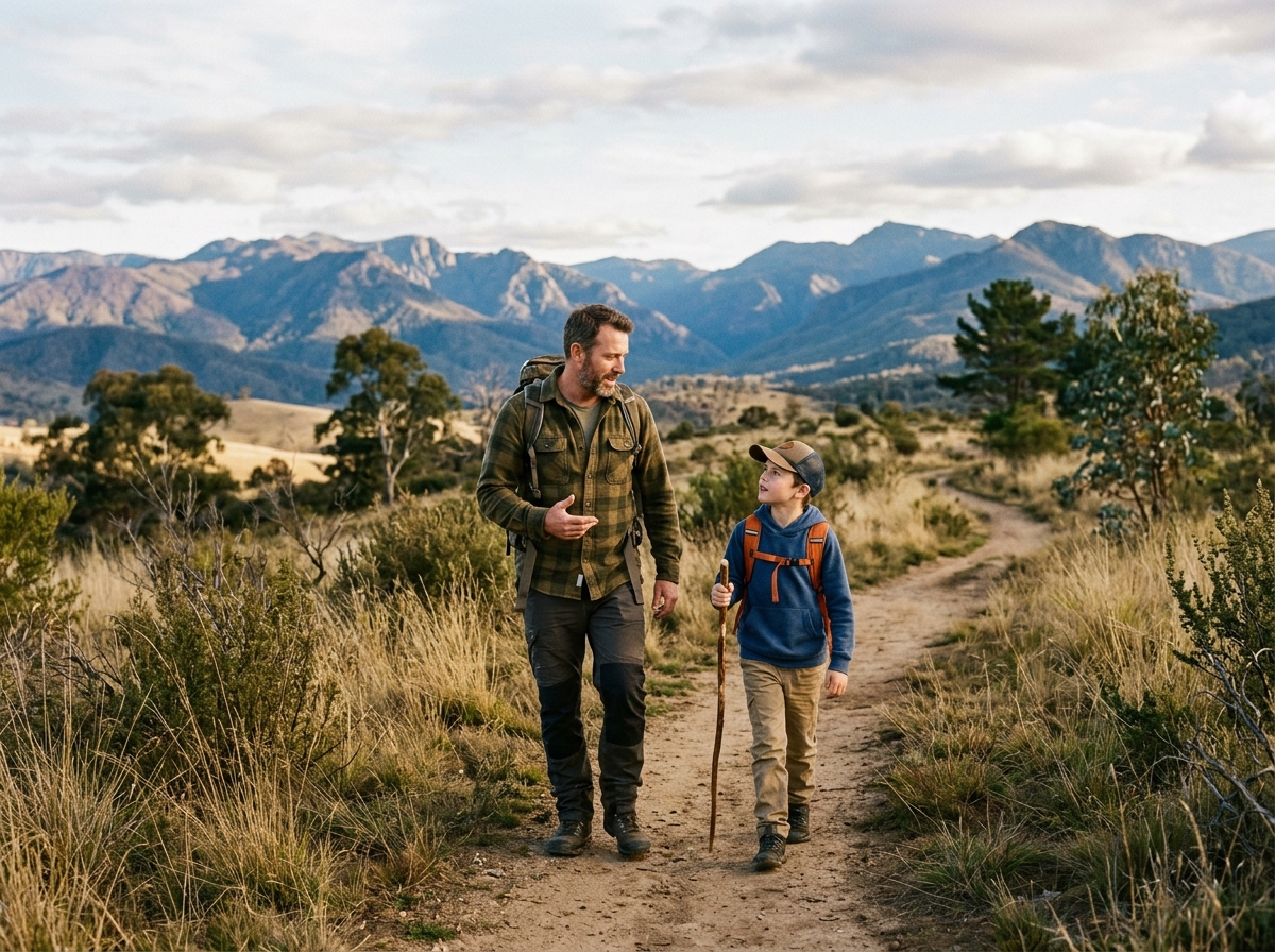 Father and son bonding outdoors in mountain setting