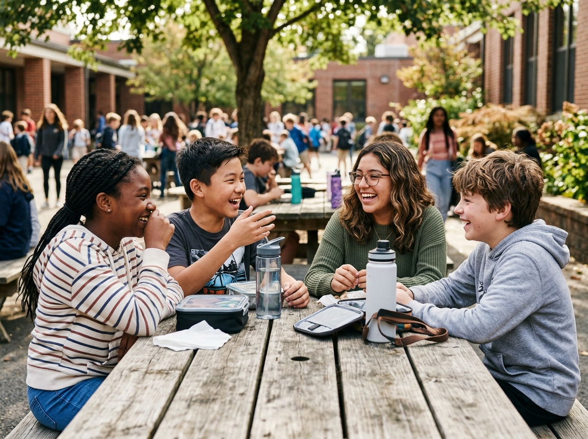 Middle school kids socializing together without smartphones