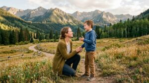 Mom and child connecting outdoors without smartphones present