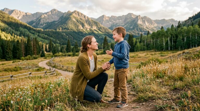 Mom and child connecting outdoors without smartphones present