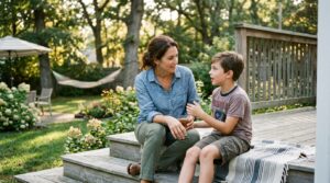 Mom having open emotional conversation with her son outdoors