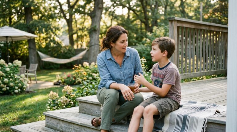Mom having open emotional conversation with her son outdoors