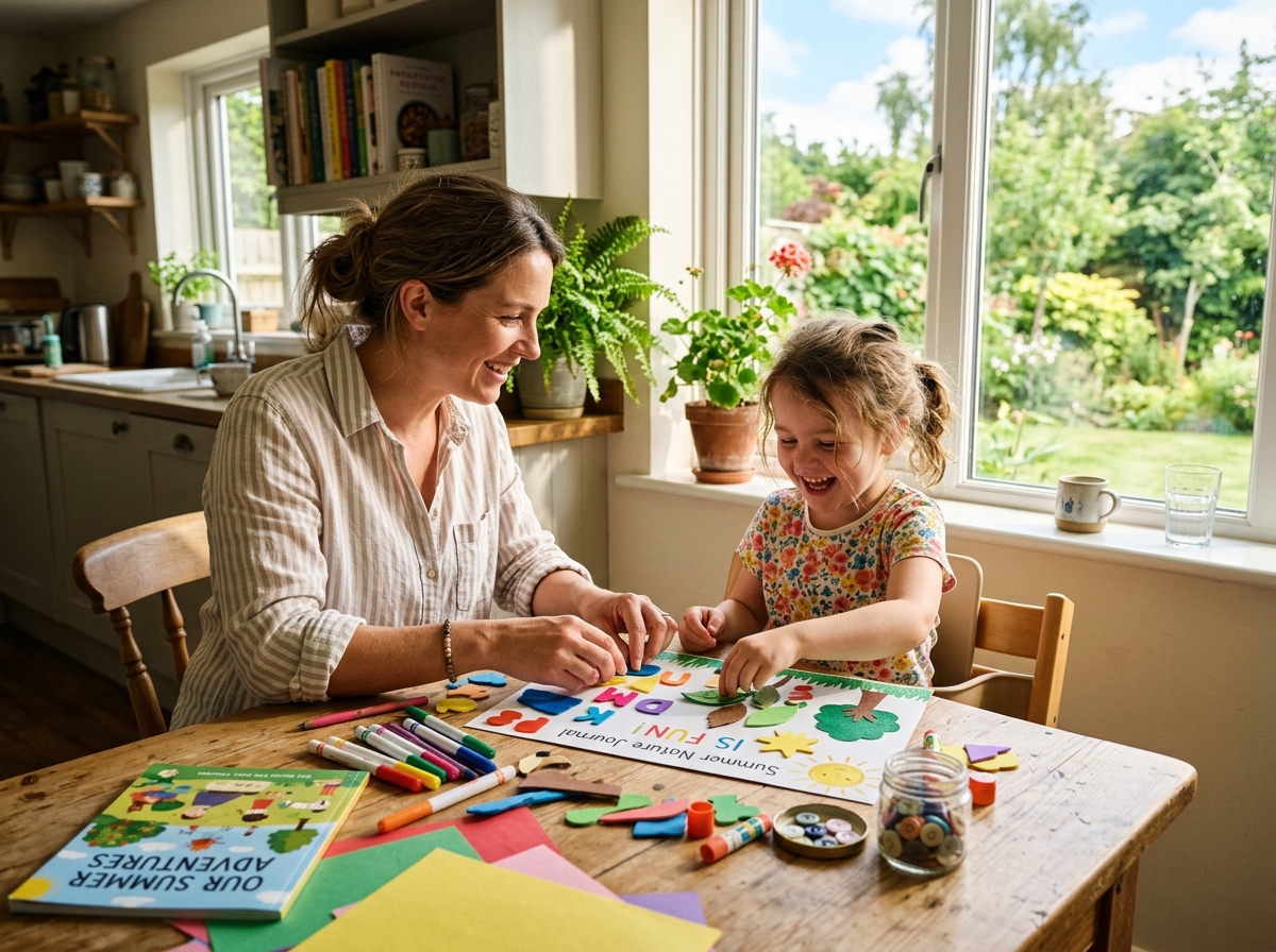 Parent and child doing fun learning activity at home in summer