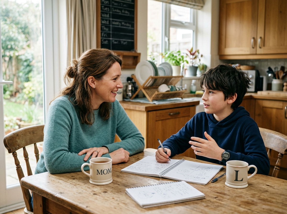 Parent and child having calm talk about smartphone rules