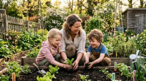 Parent and kids planting seeds together in spring garden