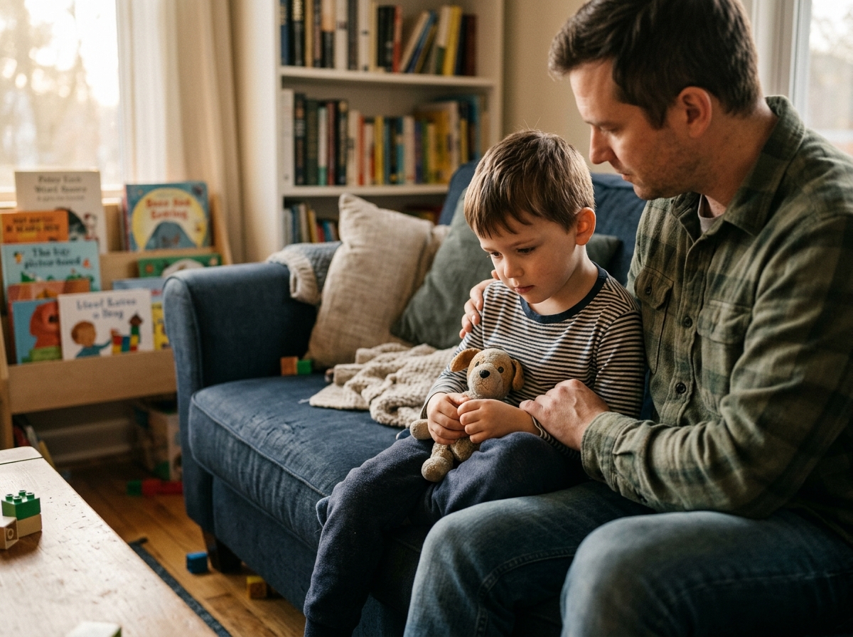 Young boy working through big feelings with parent nearby