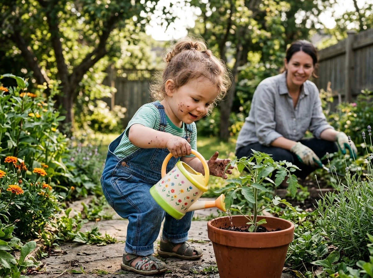 Young child watering garden plants with small watering can