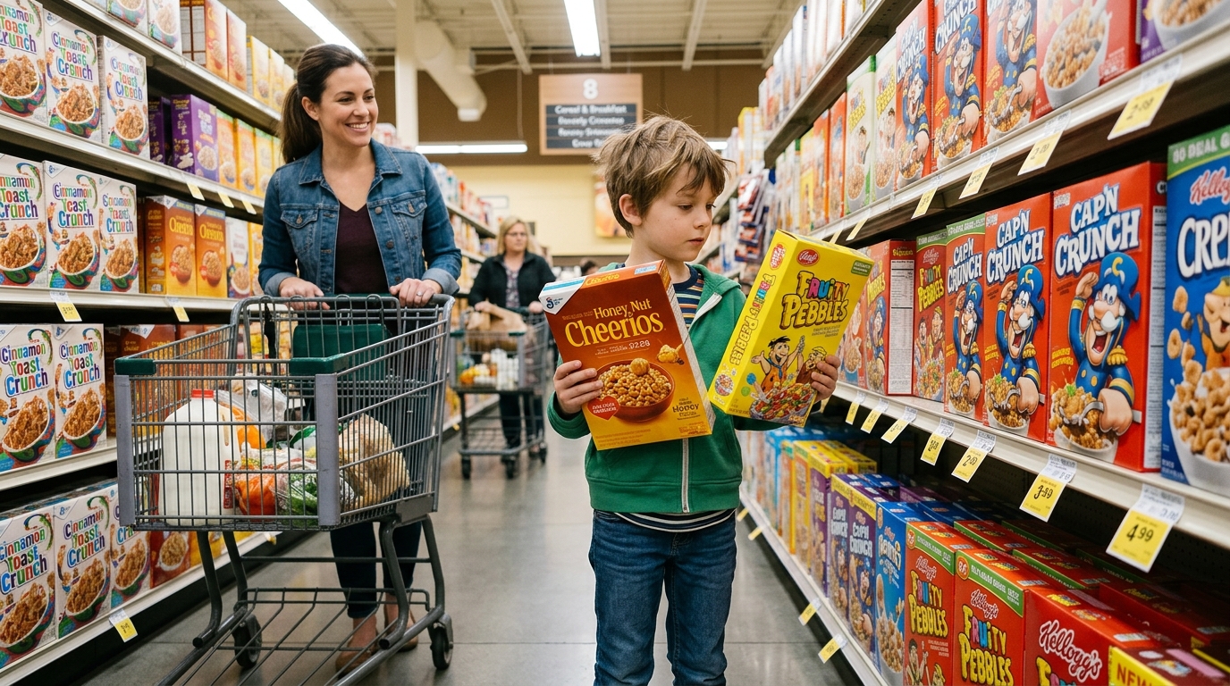 Child comparing grocery prices with parent at supermarket