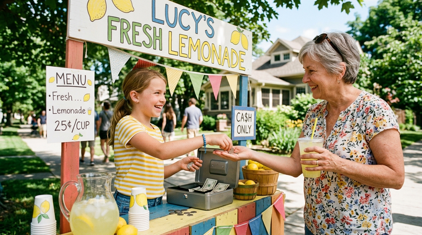 Child running lemonade stand and handling real money outdoors