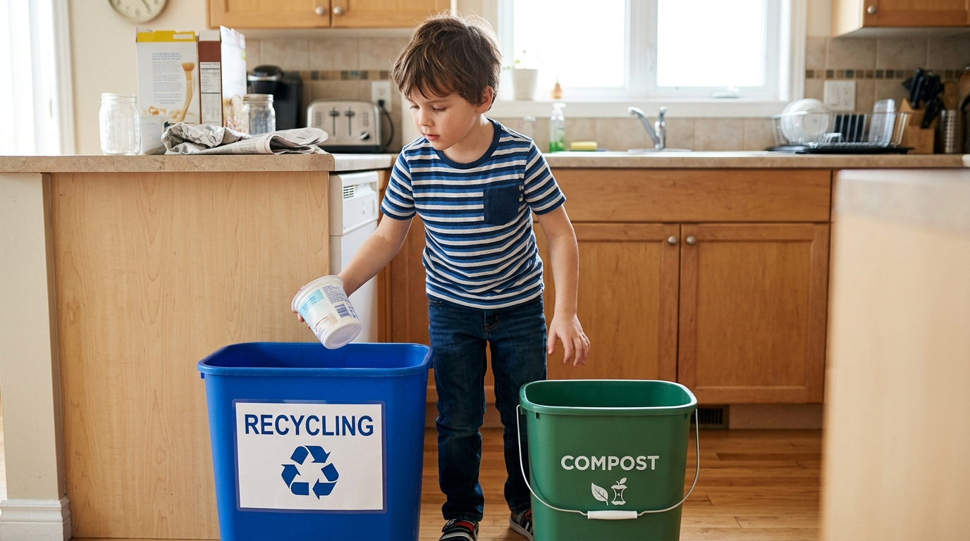 Child sorting recycling and compost bins independently at home