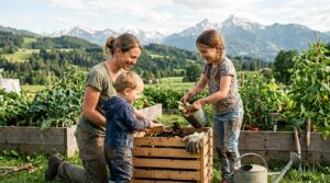 Family gardening together outdoors in eco-friendly backyard