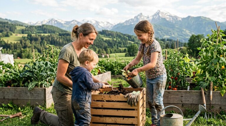 Family gardening together outdoors in eco-friendly backyard
