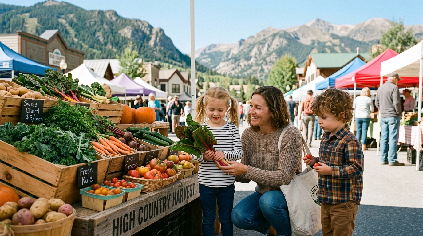Family shopping local produce at High Country farmers market