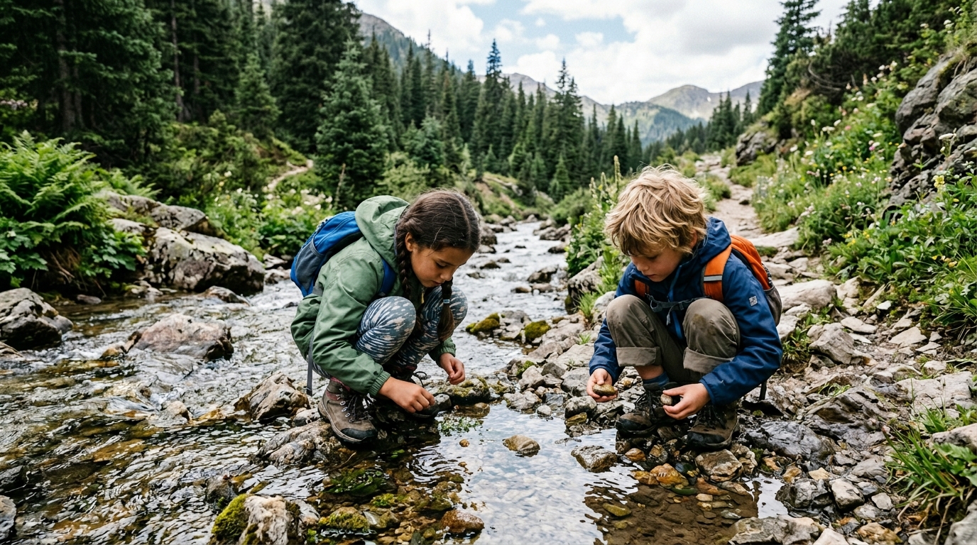 Kids exploring nature on High Country trail with curiosity