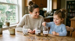 Parent and child sorting money into savings jars at home