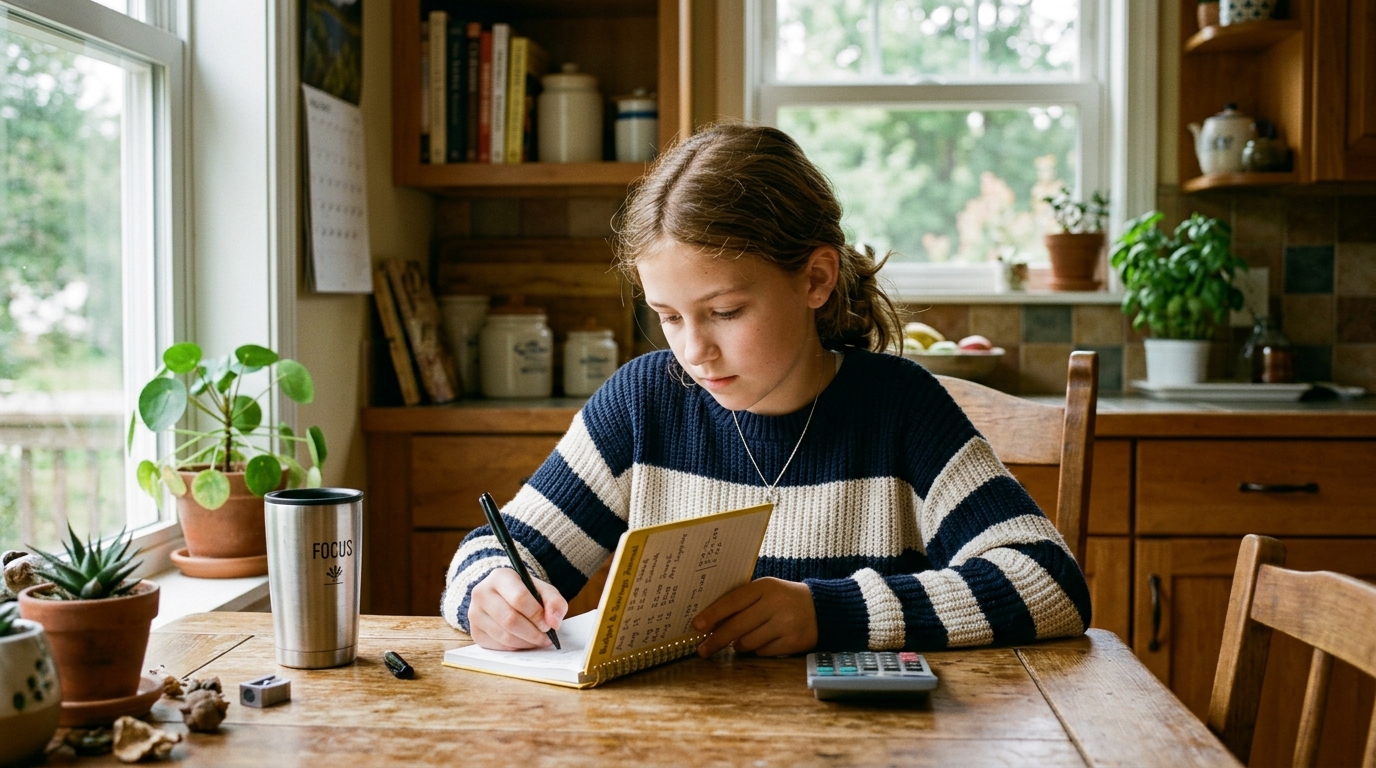 Tween writing in budget notebook planning savings goals