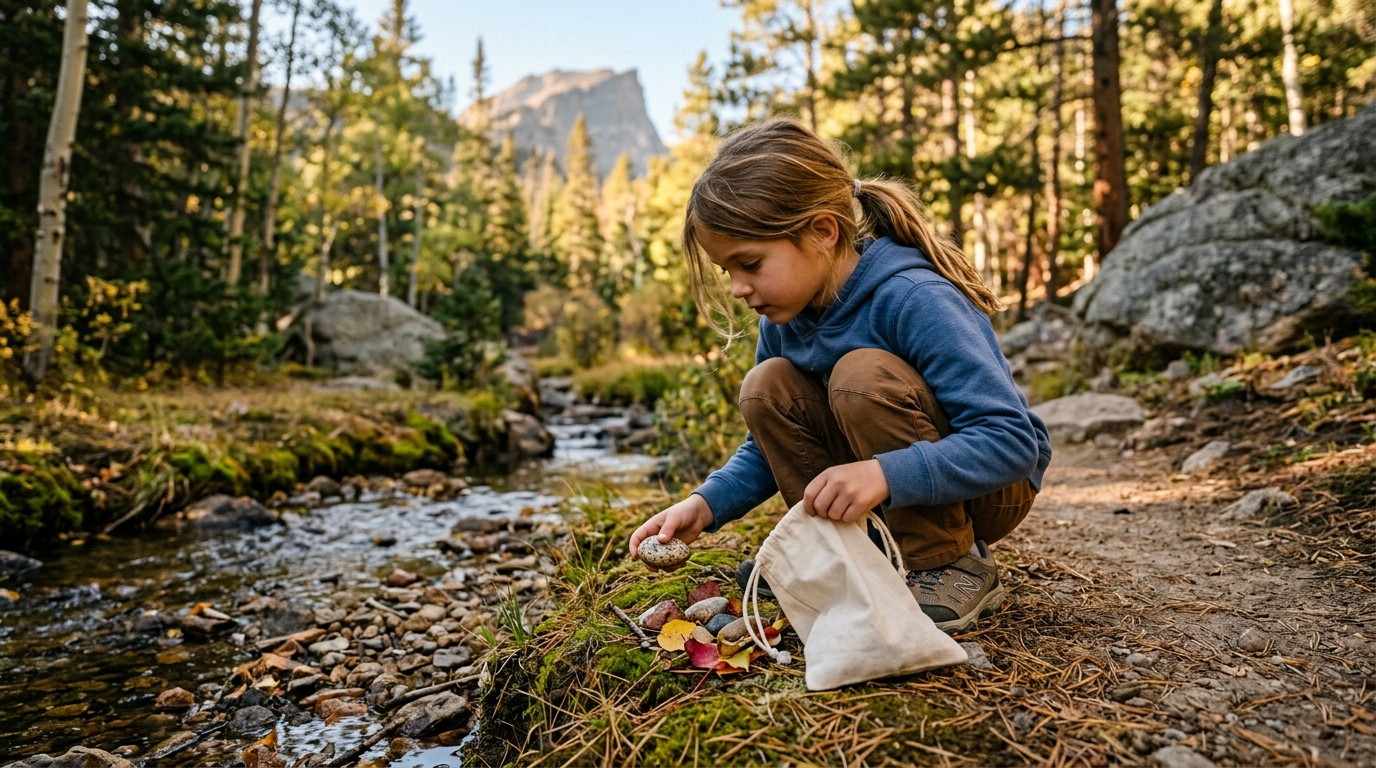 Child collecting natural loose parts on High Country trail