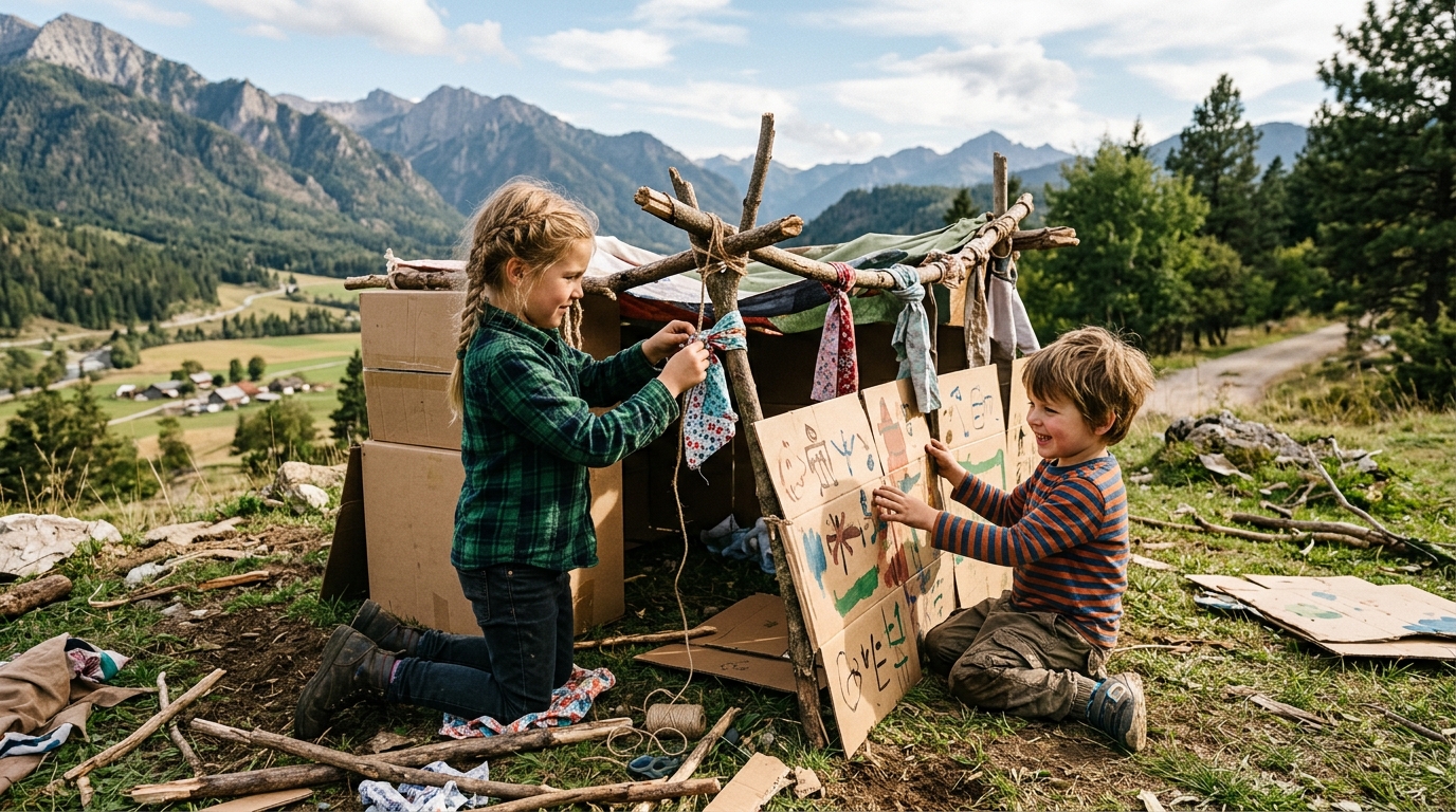 Kids building together with cardboard and natural materials outdoors