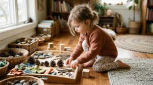 Young child playing with natural loose parts on the floor
