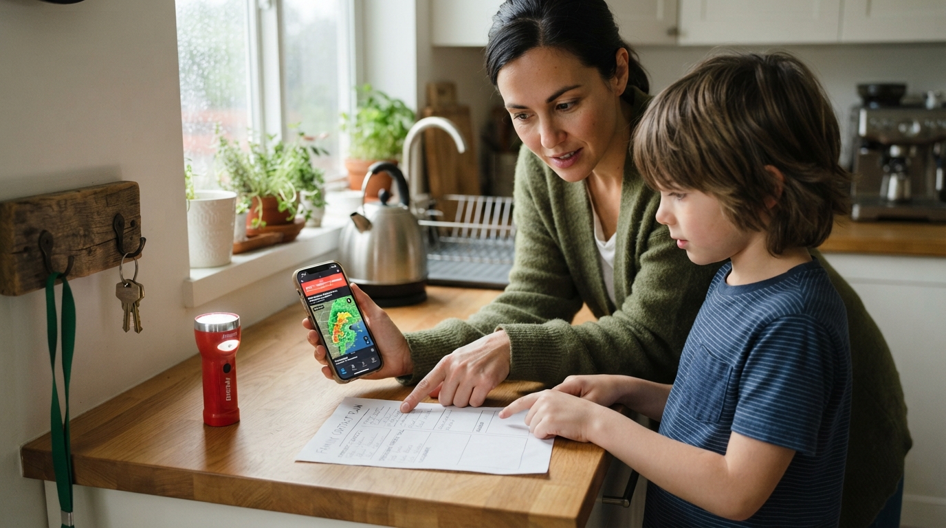 Parent and child checking weather alerts
