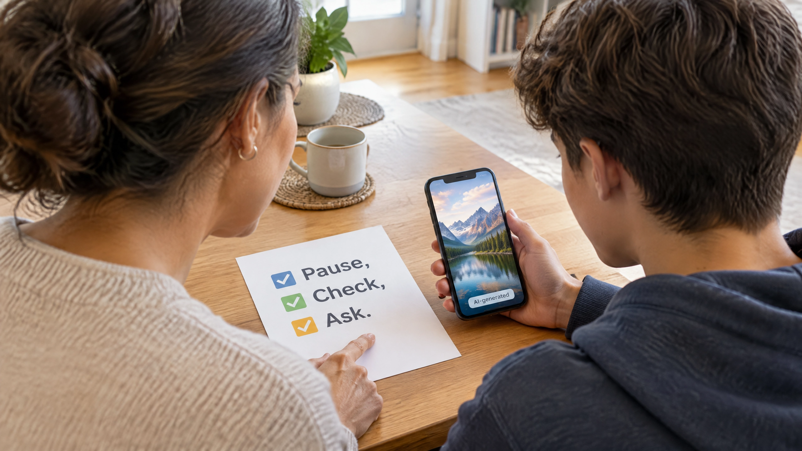 Parent and teen checking AI deepfake