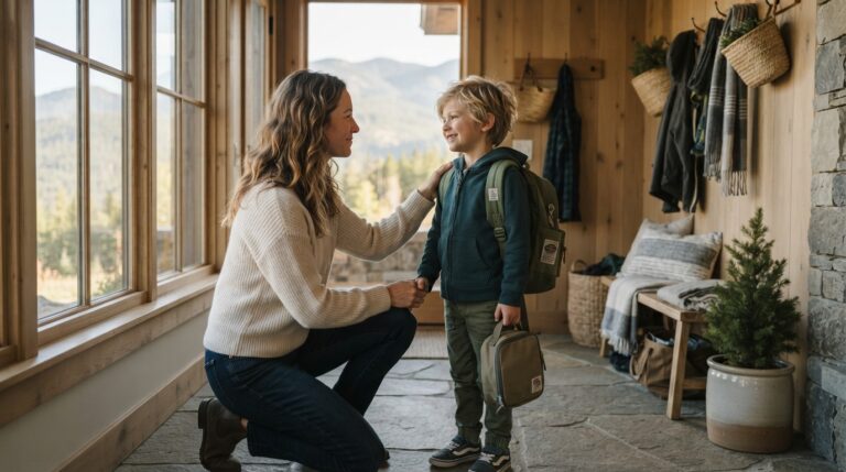 Parent supporting anxious child before school