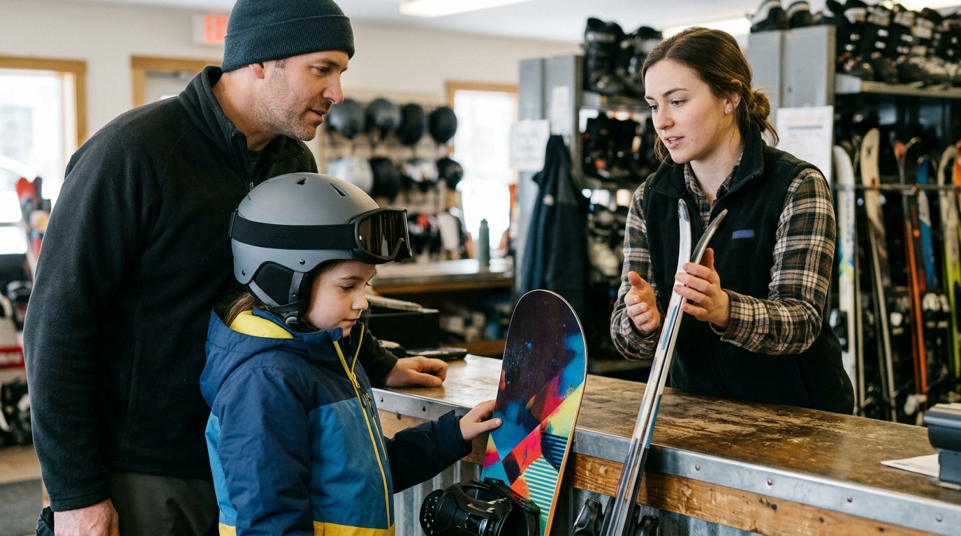 Child choosing skis or snowboard for first lesson