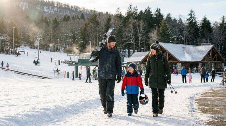 Family arriving for a first ski lesson near Boone