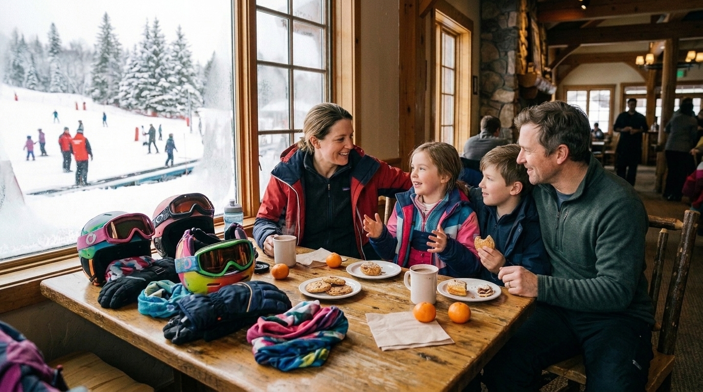 Family taking a warm break after ski lesson